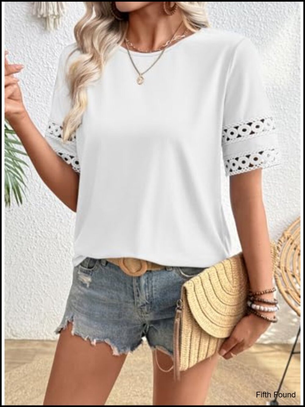 Lace Hollow Out Short Sleeve Crew Neck T-Shirt Blouse - Picture 4 of 6